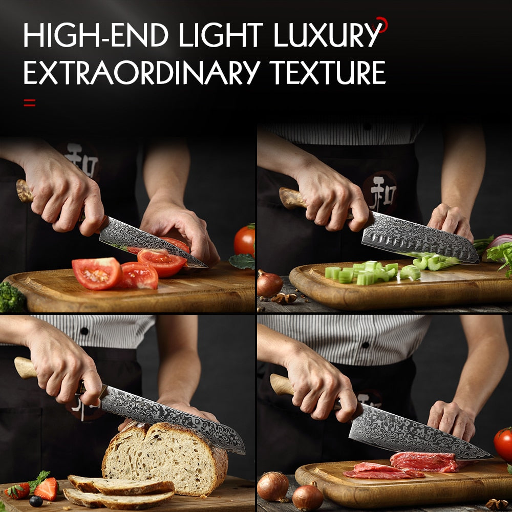 HEZHEN 1-5PC Knife Set Japanese Damascus Steel Chef Santoku Bread Paring Utility Professional Slicing knife Cook Kitchen Knife