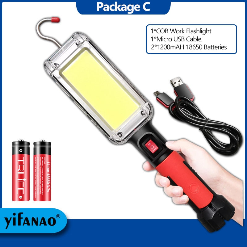 LED Work Light Powerful Portable Lantern Hook Magnet Camping Lamp COB USB Rechargeable 18650 Flashlight Torch Waterproof