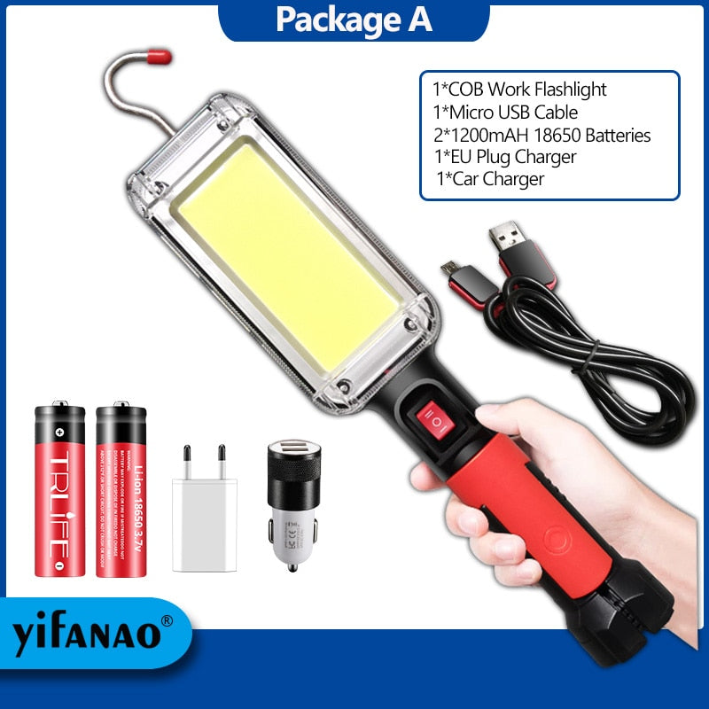 LED Work Light Powerful Portable Lantern Hook Magnet Camping Lamp COB USB Rechargeable 18650 Flashlight Torch Waterproof