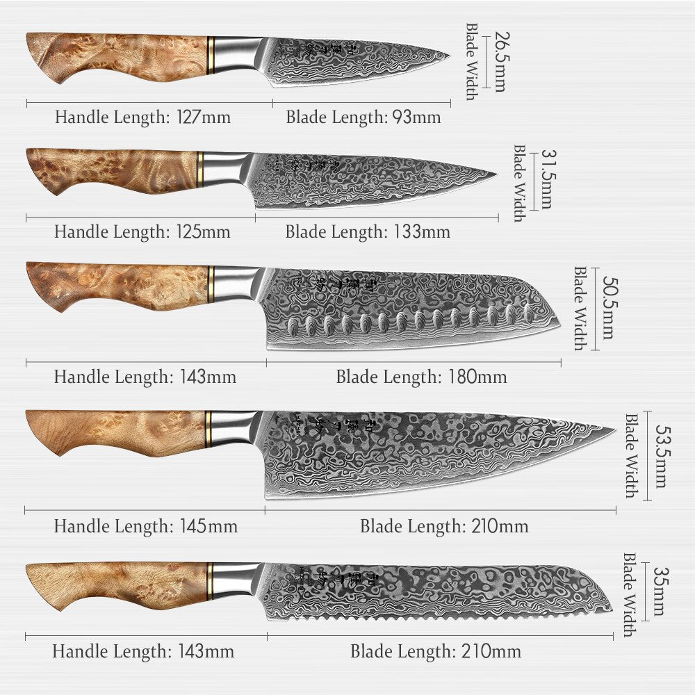 HEZHEN 1-5PC Knife Set Japanese Damascus Steel Chef Santoku Bread Paring Utility Professional Slicing knife Cook Kitchen Knife