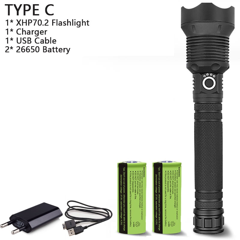 250000cd 1000m XHP90.2 most powerful led flashlight usb Zoom Tactical torch xhp50 18650 or 26650 Rechargeable battery hand light