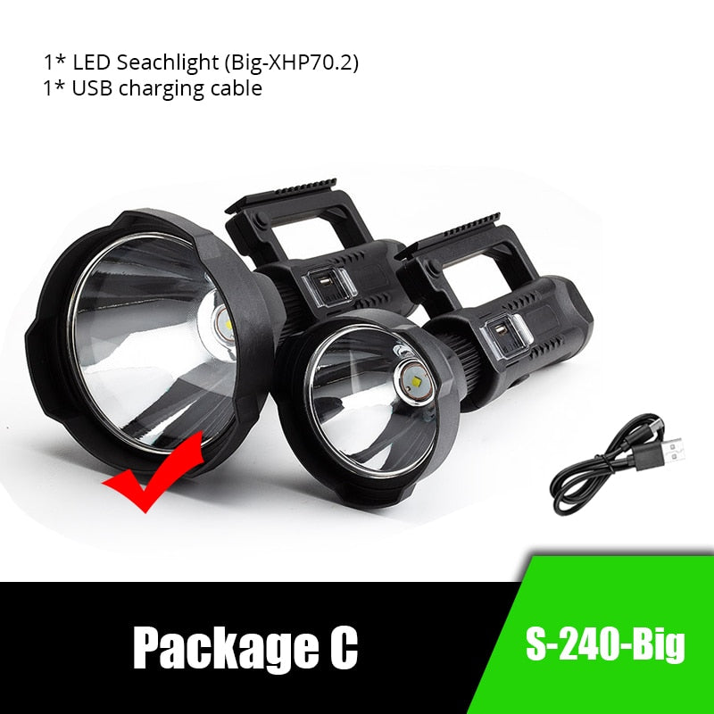 Powerful LED Flashlight Portable XHP70.2 Torch USB Rechargeable Searchlight Waterproof Spotlight with Base Fishing Light Lantern