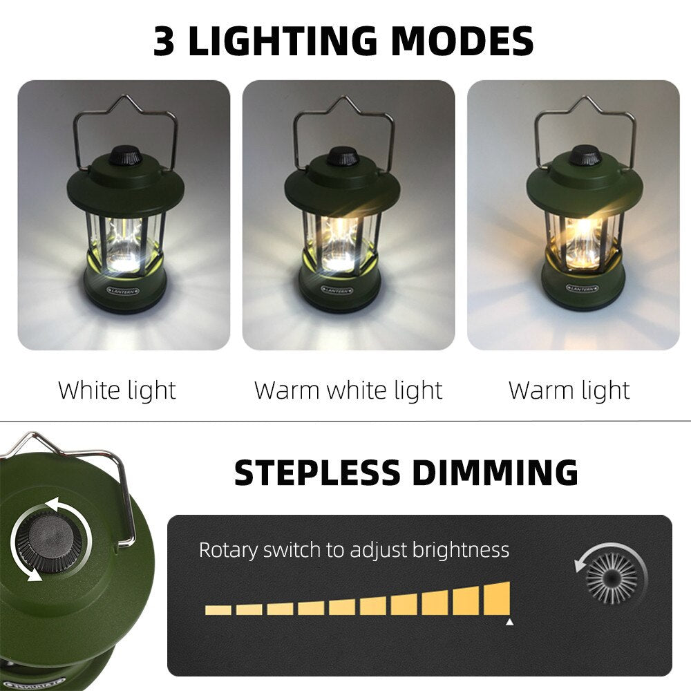 Brightest Vintage Metal Hanging Lanterns 10000mAh Warm Light Led Camping Lantern Rechargeable Lightweight Tent Light For Outdoor