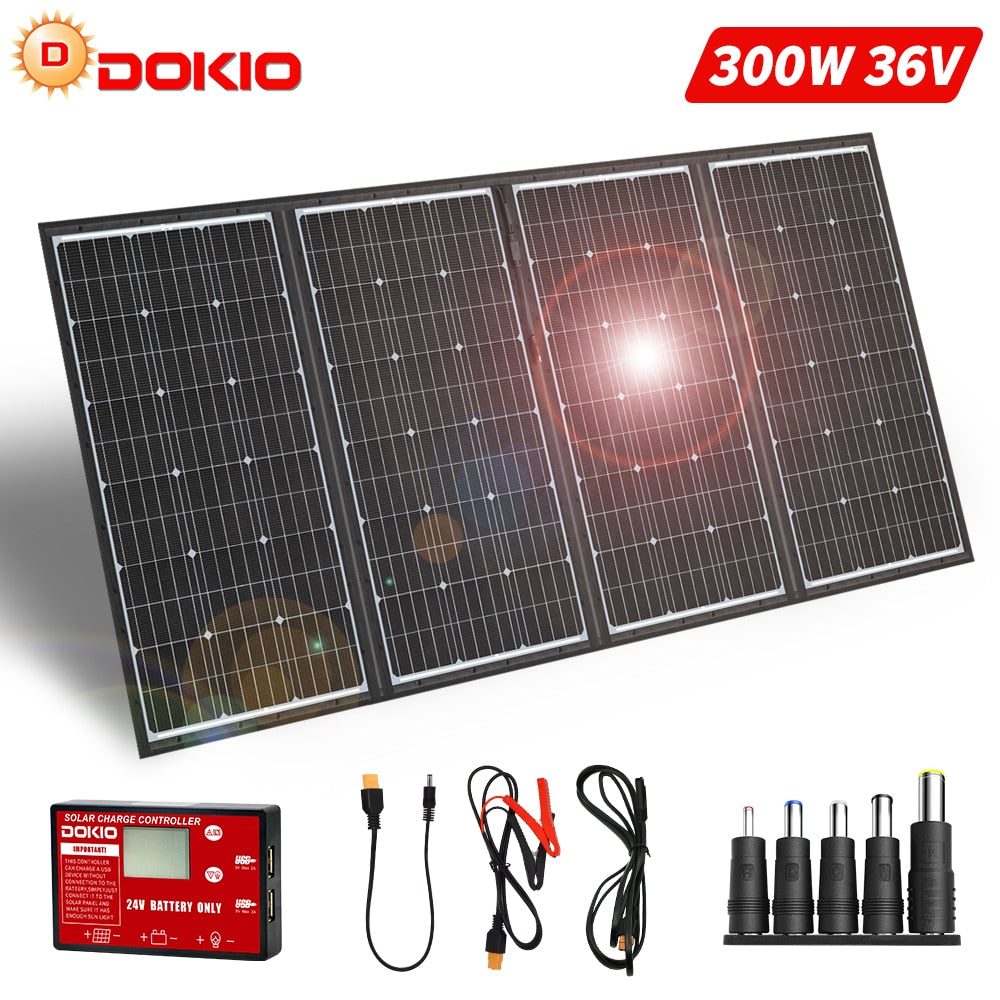 Dokio 300W 12V/18V High Efficience Monocrystalline Flexible Foldable Portable Solar Panel For Powerbank/Camping Caravan/Boat/Car