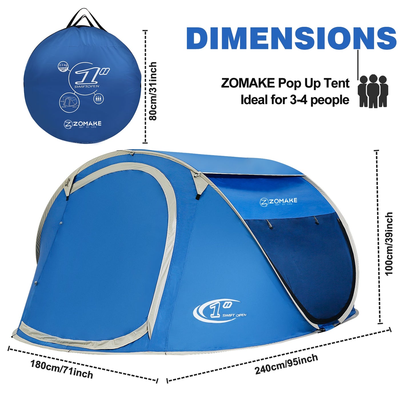 ZOMAKE Beach Tent Pop Up Large Automatic Instant Lightweight Hiking Camping Tent for 3 Person Waterproof Tent Foldable
