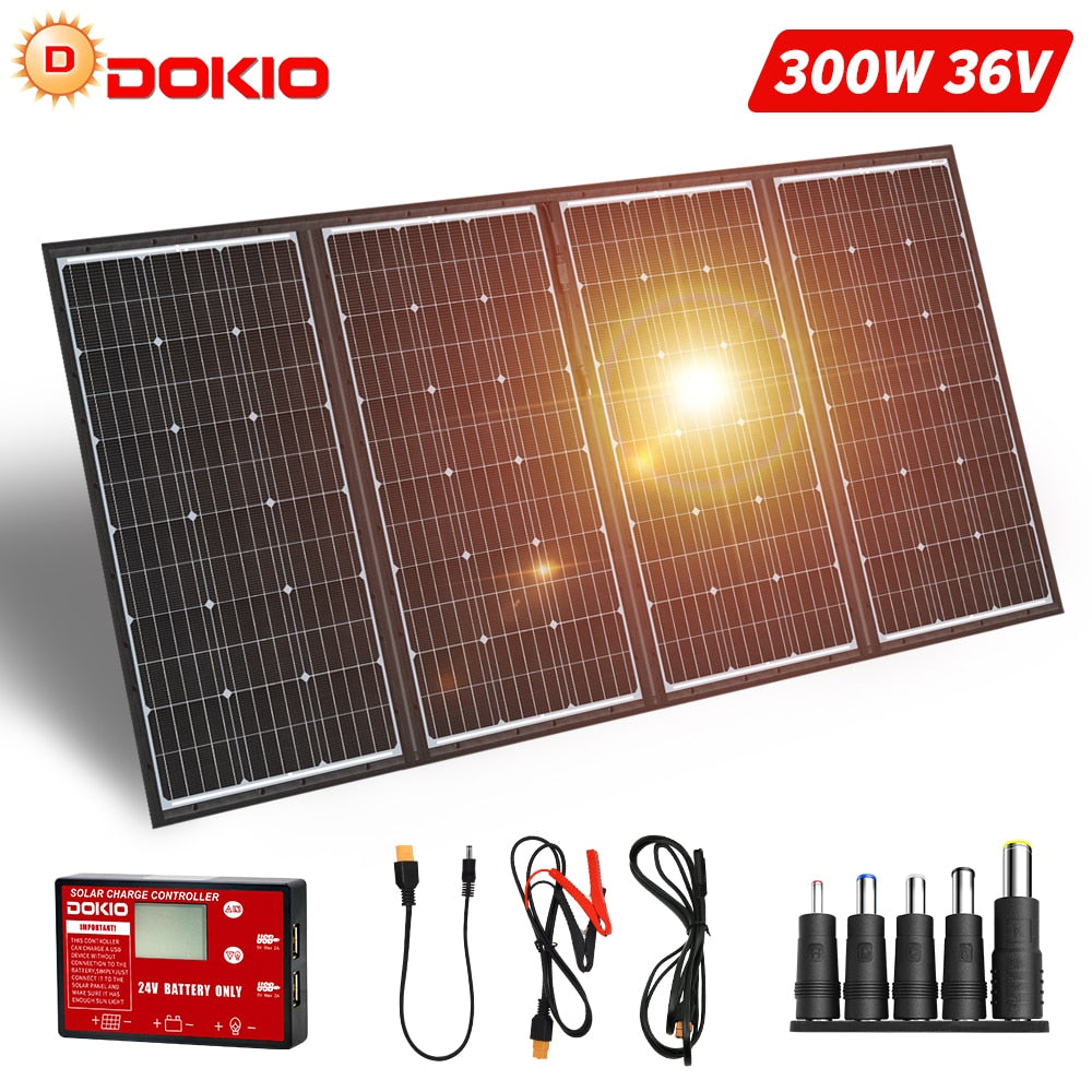 DOKIO 300W 18V Flexible Solar Panel Portable Outdoor Foldable Solar Panel For Camping/Boat/RV/Travel/Home/Car Solar Panel Kits