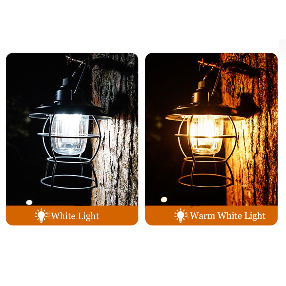Led Portable Retro Camping Lantern Rechargeable Metal Handle Flashlight Vintage Warm White Light Outdoor Hanging Tent Light