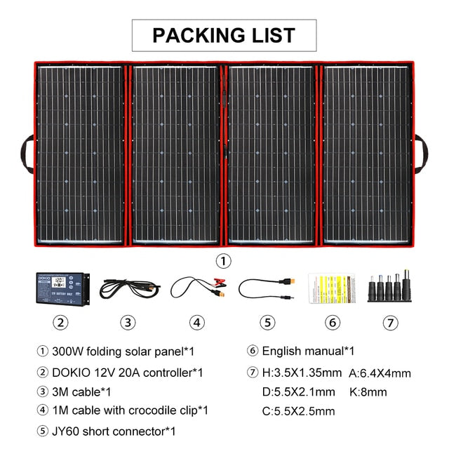 DOKIO 300W 18V Flexible Solar Panel Portable Outdoor Foldable Solar Panel For Camping/Boat/RV/Travel/Home/Car Solar Panel Kits