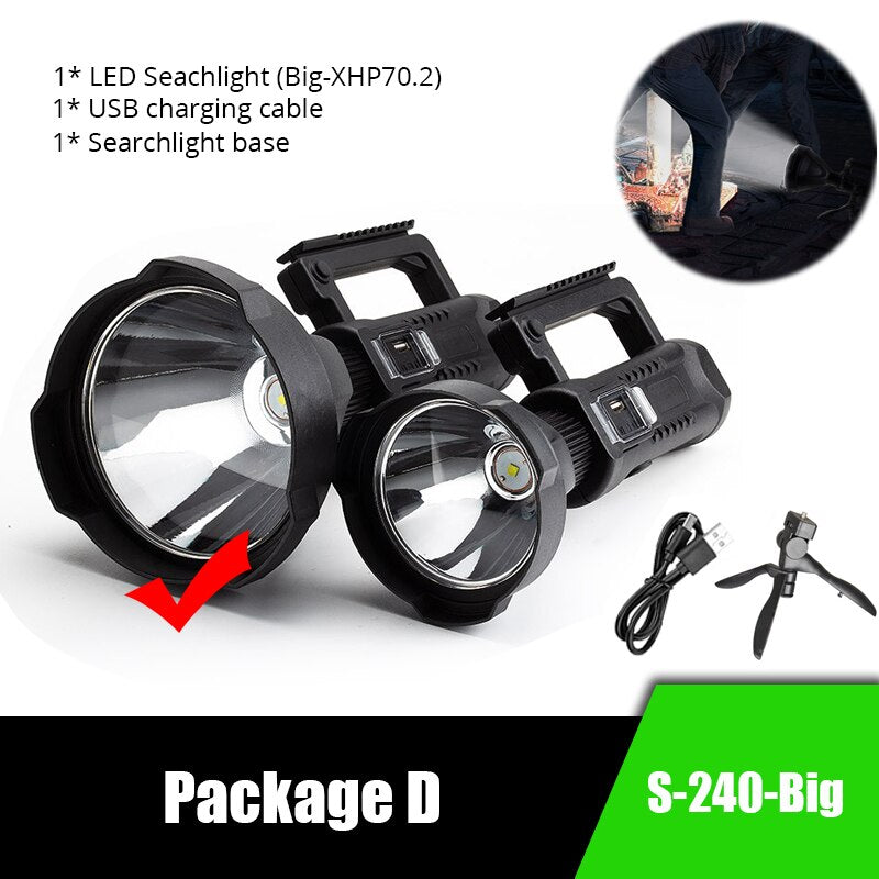 Powerful LED Flashlight Portable XHP70.2 Torch USB Rechargeable Searchlight Waterproof Spotlight with Base Fishing Light Lantern