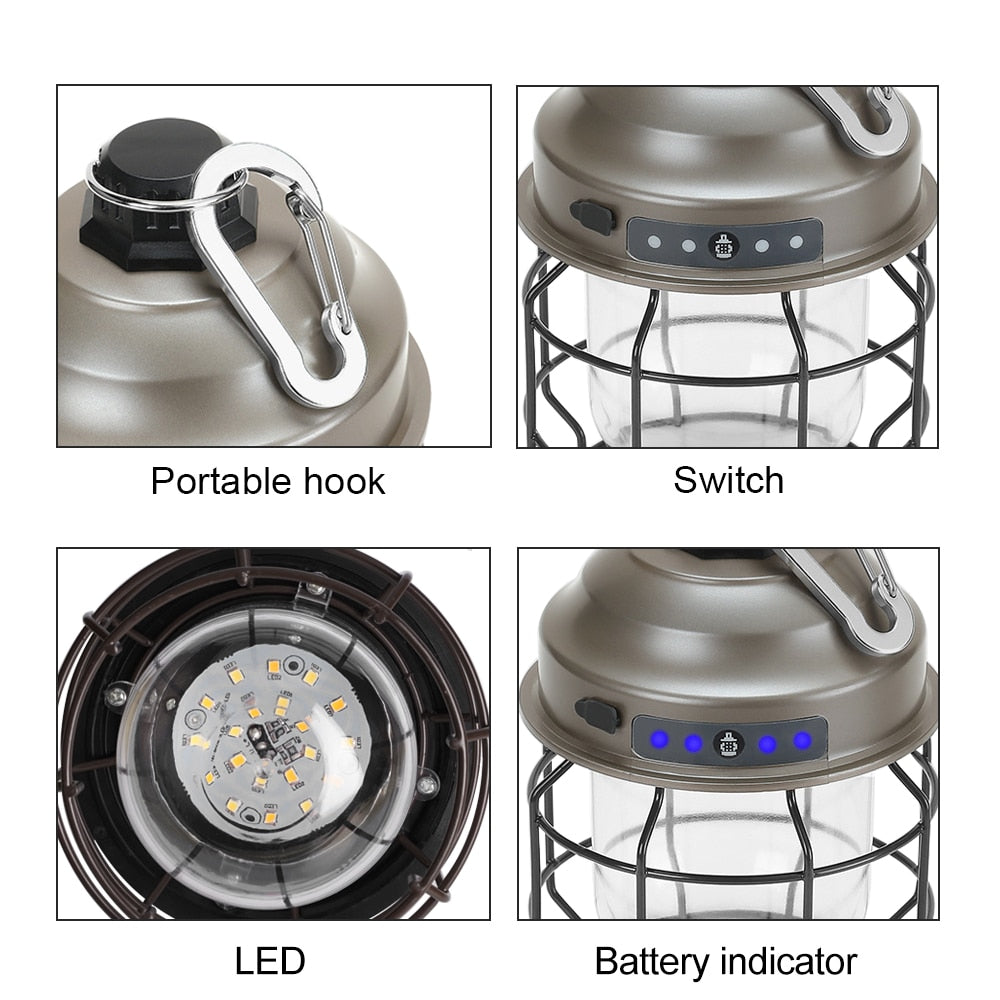 Vintage Metal Hanging Camping Lanterns 3600mAh Battery Powered Warm Light Led Camp Lantern Rechargeable Tent Light For Outdoor