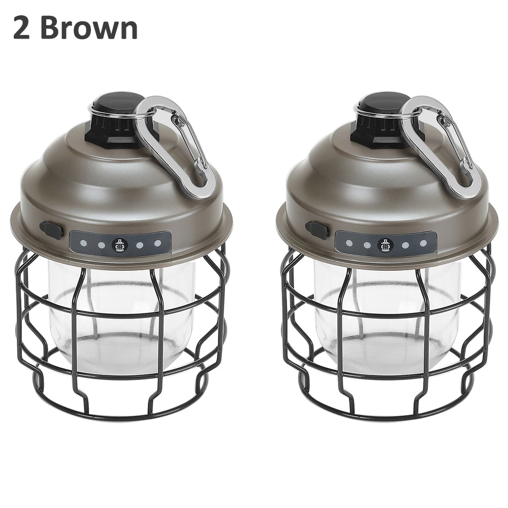 Vintage Metal Hanging Camping Lanterns 3600mAh Battery Powered Warm Light Led Camp Lantern Rechargeable Tent Light For Outdoor