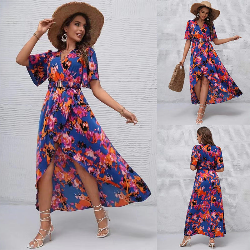 Summer New Short Sleeve V-neck Pullover Irregular Beach Dress