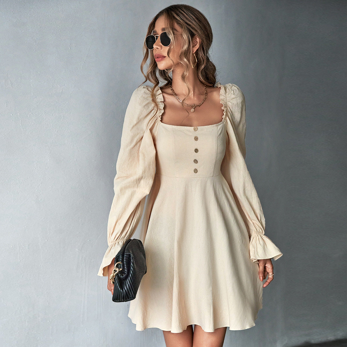 Women's Puff Sleeve Square Neck Neck Waist Dress