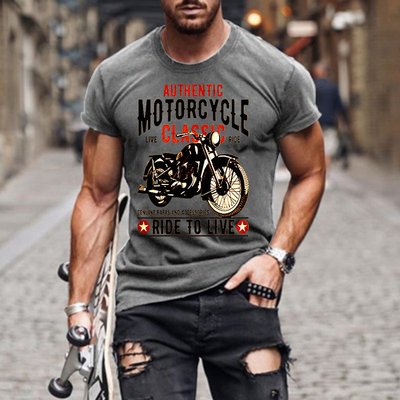 Authentic Motorcycle Printed Slim Round Neck Men's T-shirt