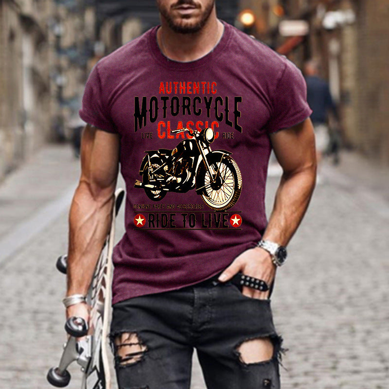 Authentic Motorcycle Printed Slim Round Neck Men's T-shirt
