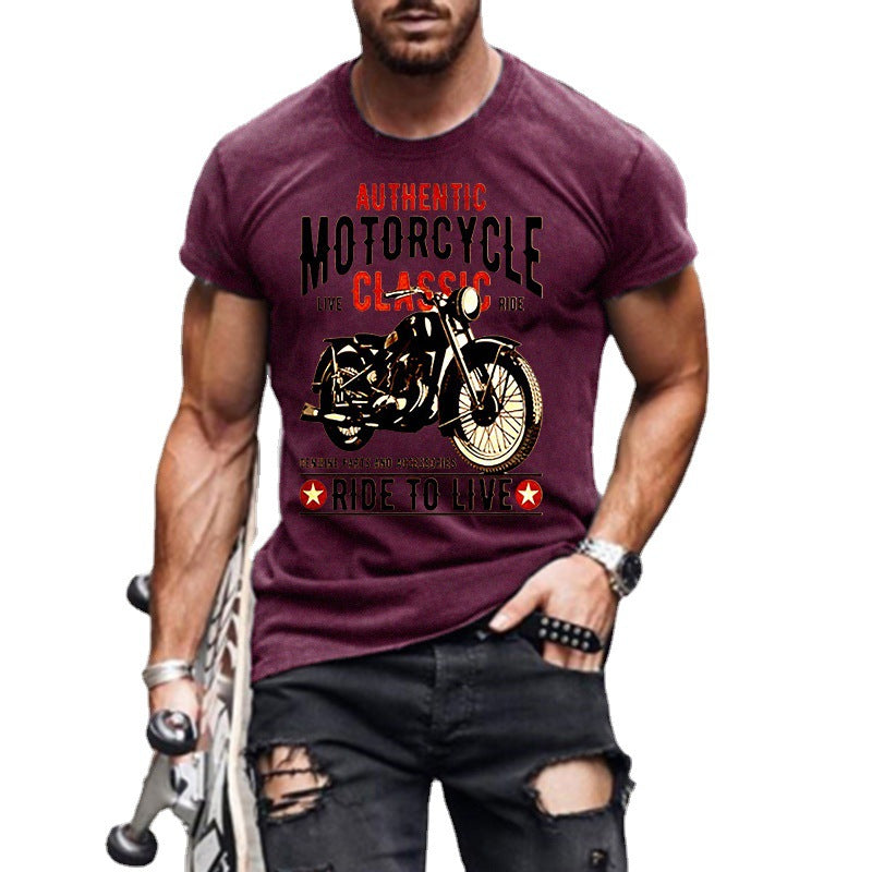 Authentic Motorcycle Printed Slim Round Neck Men's T-shirt