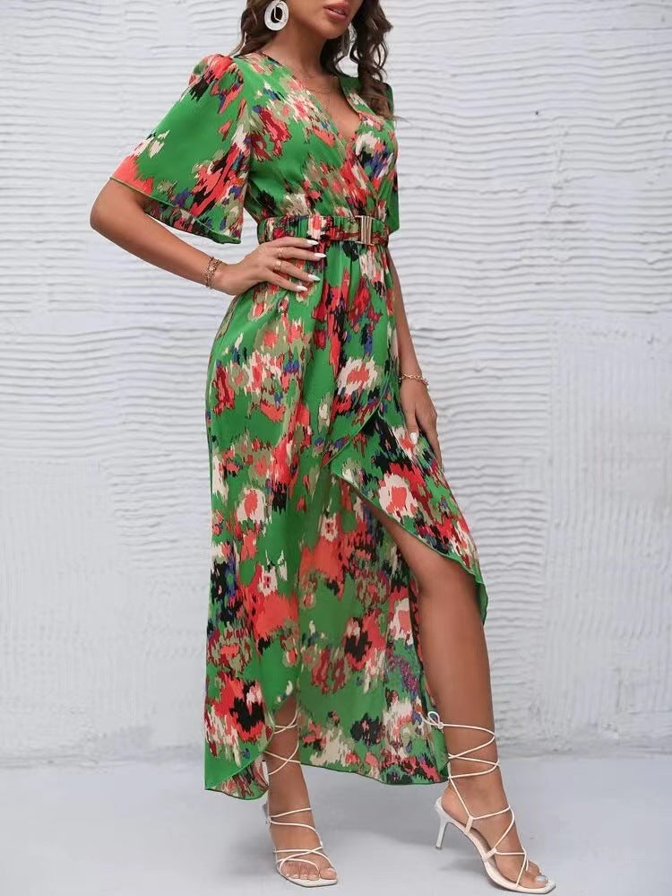 Summer New Short Sleeve V-neck Pullover Irregular Beach Dress