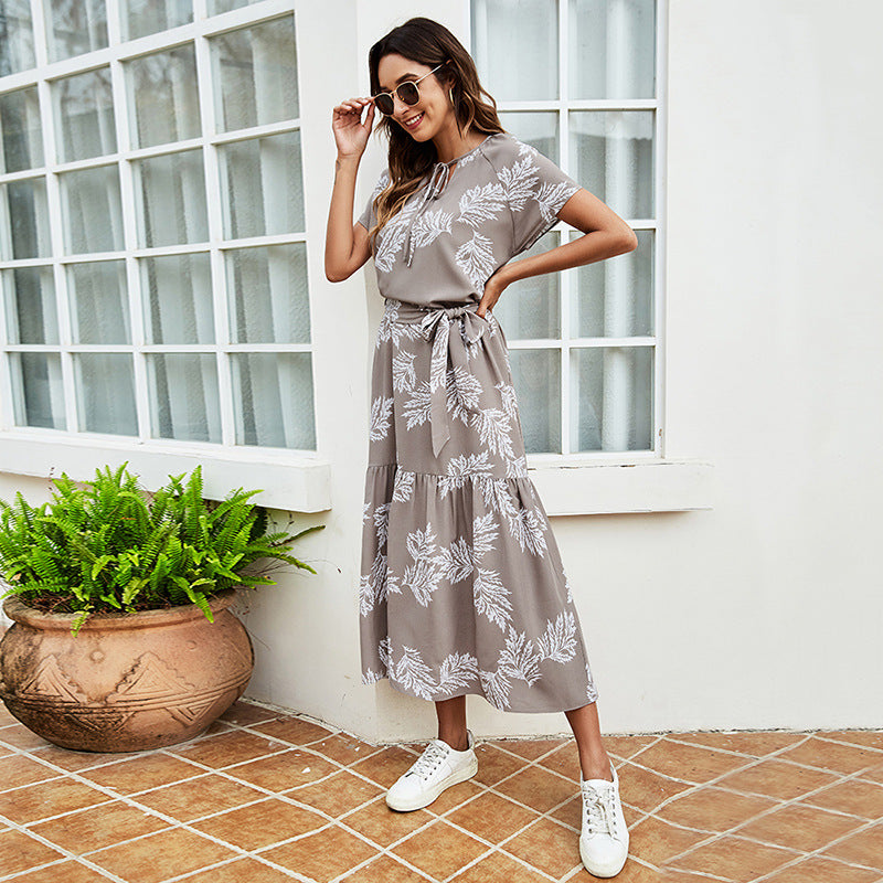 Summer Drawstring Round Neck Short-Sleeved Women's Lace-Up Waist Dress