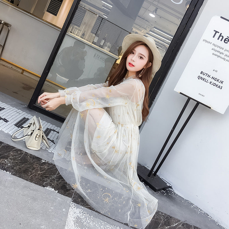 Spring Starry Sky Embroidery Mesh Pleated Long-sleeved Dress Two-piece Spring