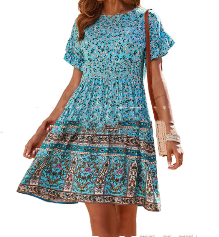 Short Sleeve Crew Neck Elastic Waist Printed Beach Dress