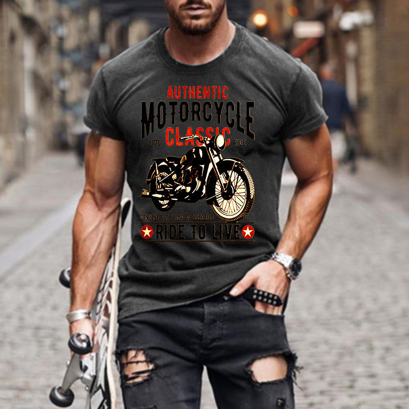 Authentic Motorcycle Printed Slim Round Neck Men's T-shirt