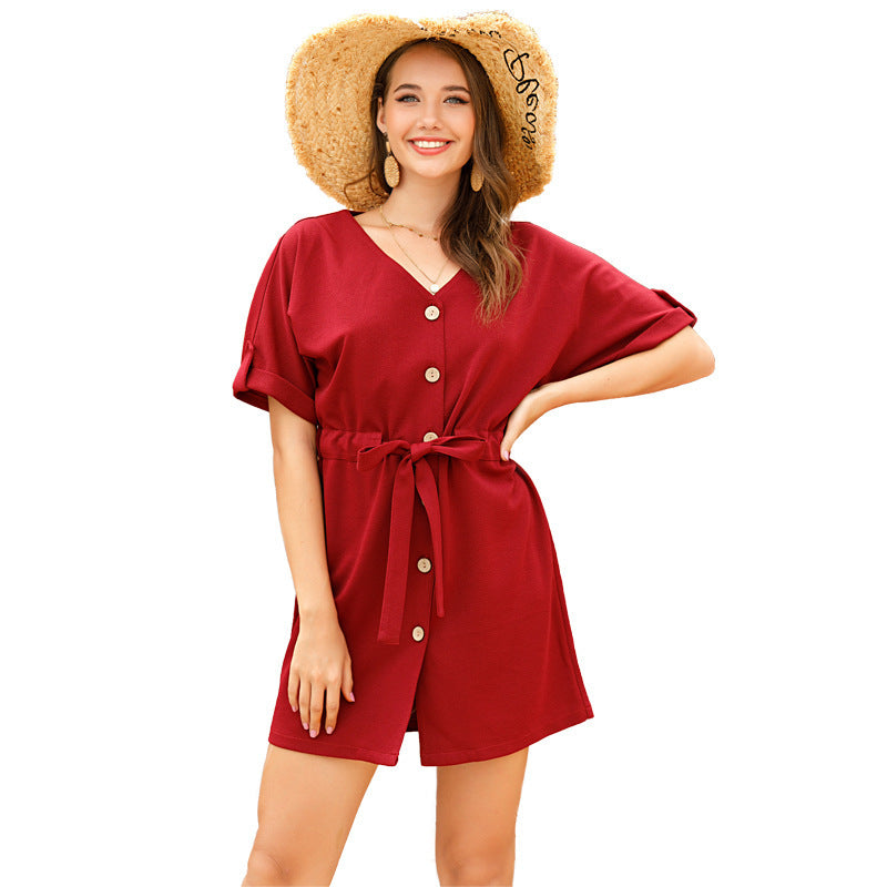 Solid Color V-neck Short-sleeved Shirt Waist Belted Dress