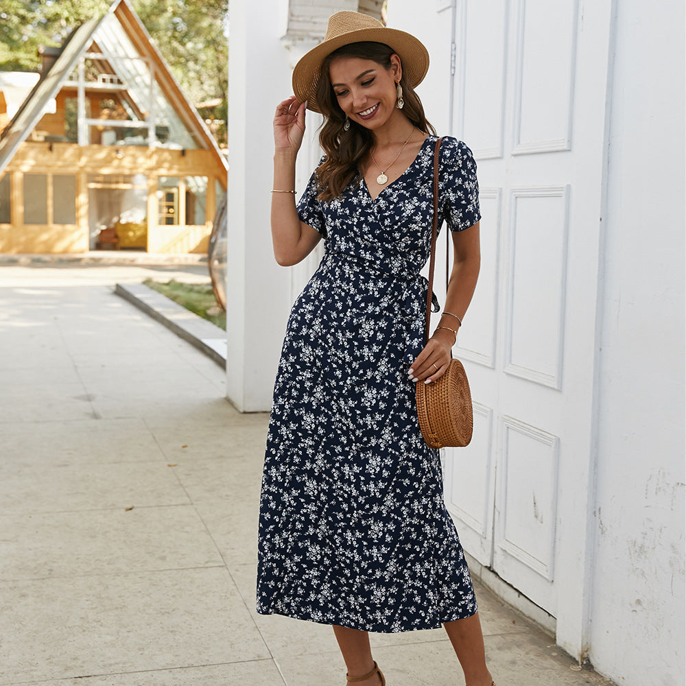 Spring And Summer Floral Short-sleeved Dress