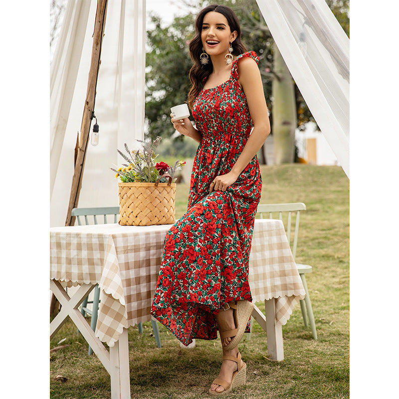 Fashion Floral High Waist Sleeveless Sling Dress