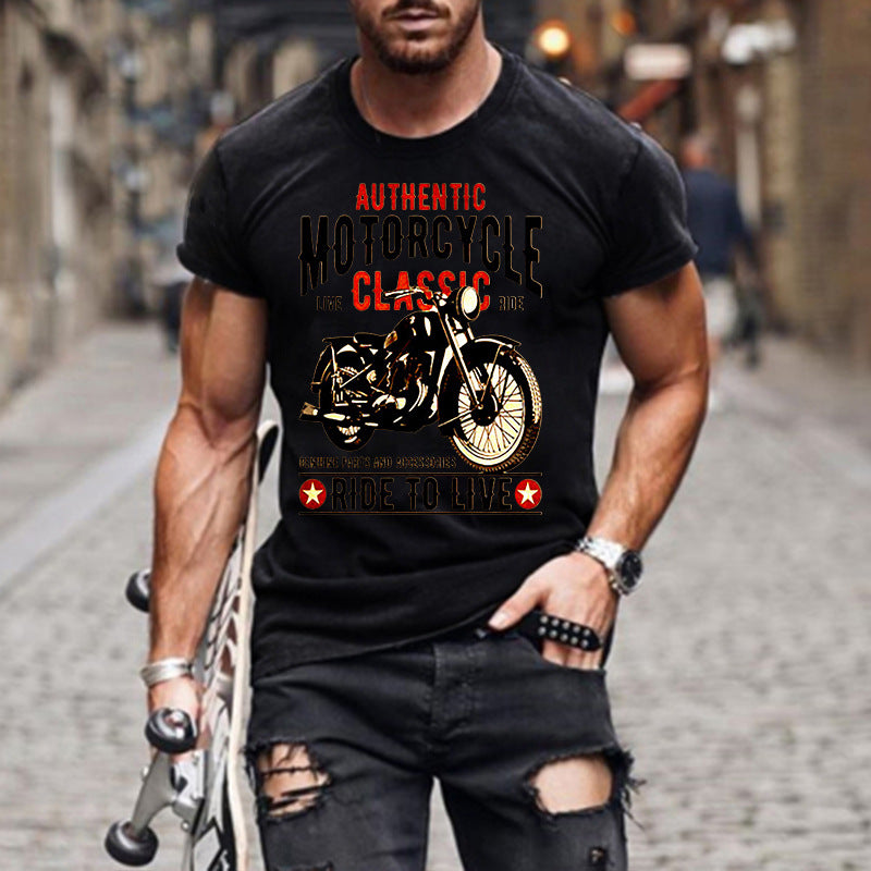 Authentic Motorcycle Printed Slim Round Neck Men's T-shirt