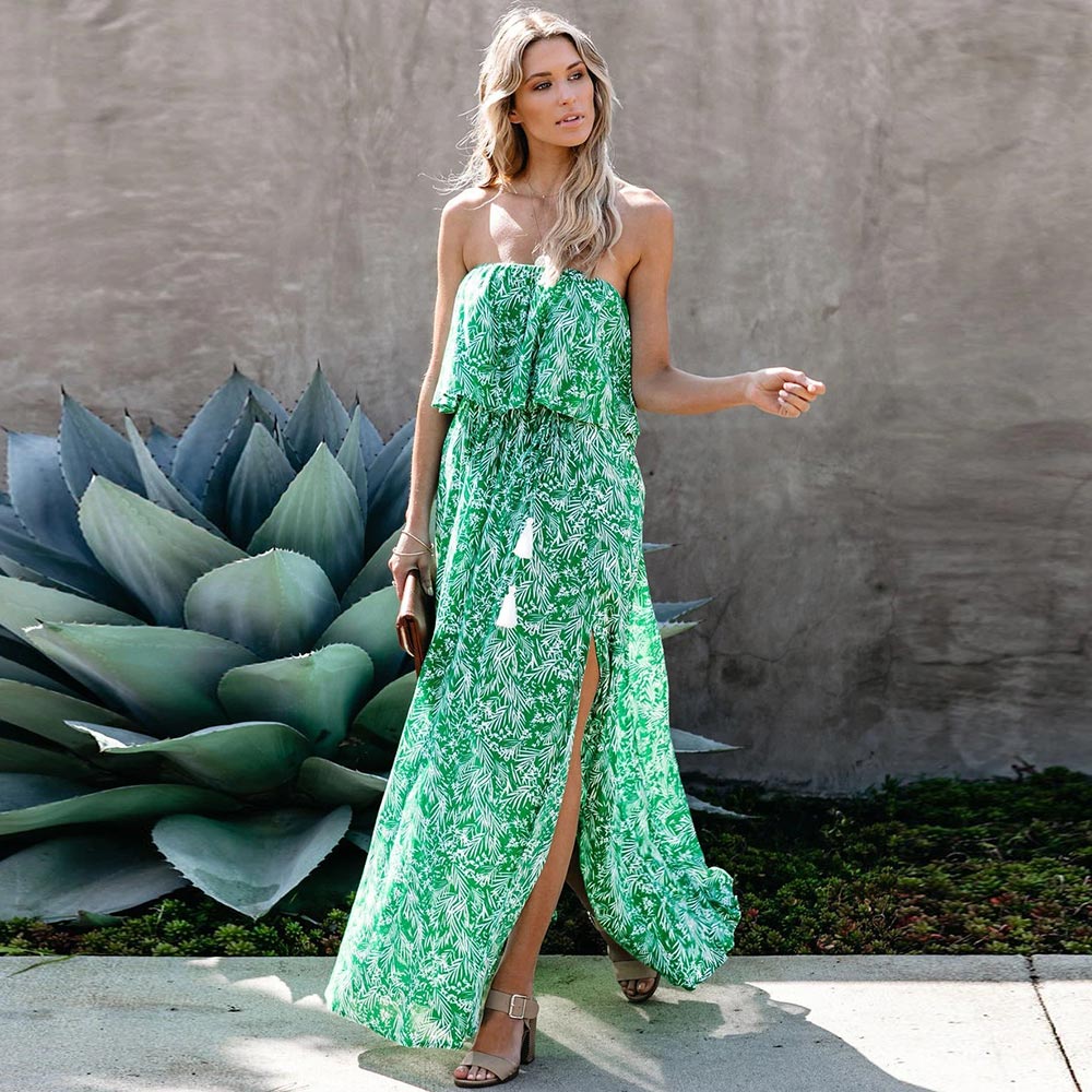 New Leaf Print Off-the-shoulder Ruffled Slit Dress