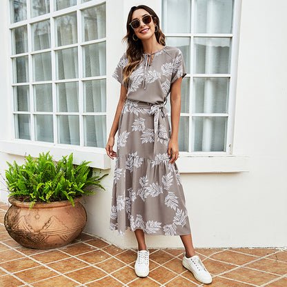 Summer Drawstring Round Neck Short-Sleeved Women's Lace-Up Waist Dress