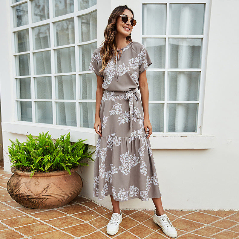 Summer Drawstring Round Neck Short-Sleeved Women's Lace-Up Waist Dress