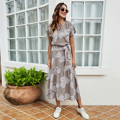 Summer Drawstring Round Neck Short-Sleeved Women's Lace-Up Waist Dress