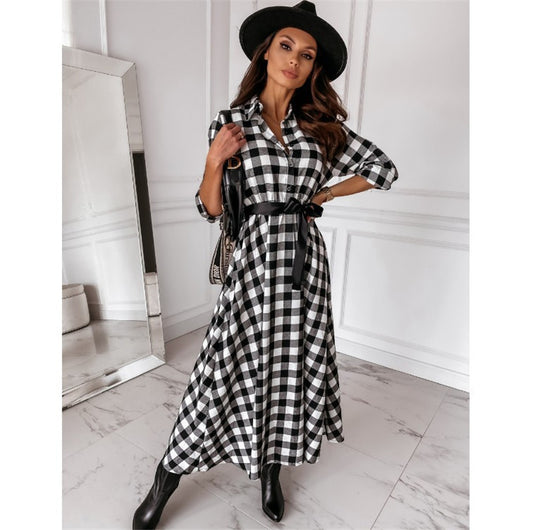 Long-sleeved Plaid Dress With Belted Waist and Oversized Skirt With Temperament
