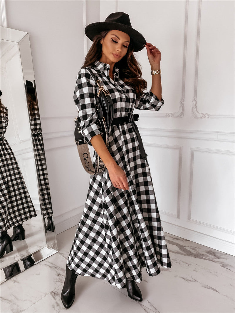 Long-sleeved Plaid Dress With Belted Waist and Oversized Skirt With Temperament