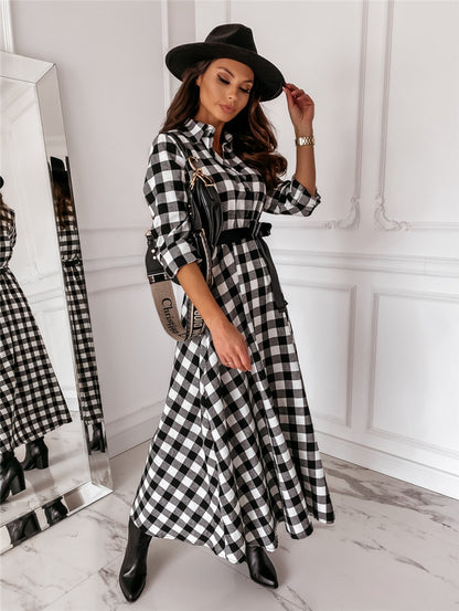Long-sleeved Plaid Dress With Belted Waist and Oversized Skirt With Temperament