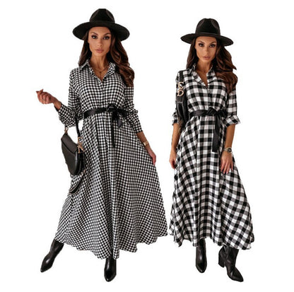 Long-sleeved Plaid Dress With Belted Waist and Oversized Skirt With Temperament