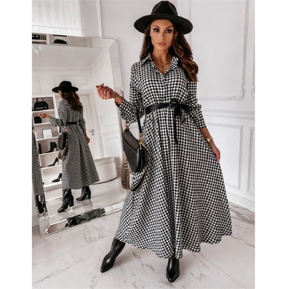 Long-sleeved Plaid Dress With Belted Waist and Oversized Skirt With Temperament