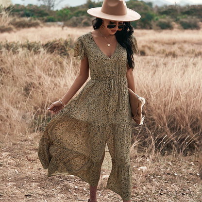 Spring And Summer Big Leopard Print Short Sleeve Dress