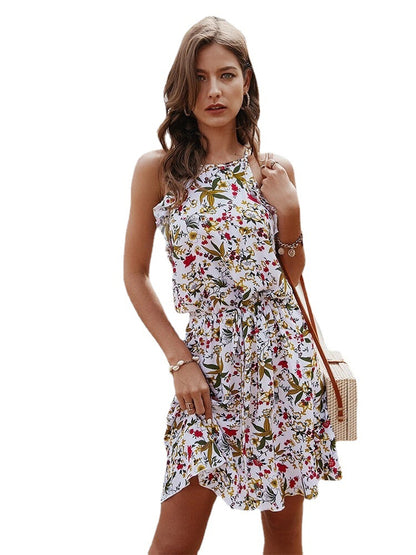Small Floral Temperament Waist Round Neck Sling Sleeveless Short Dress Women