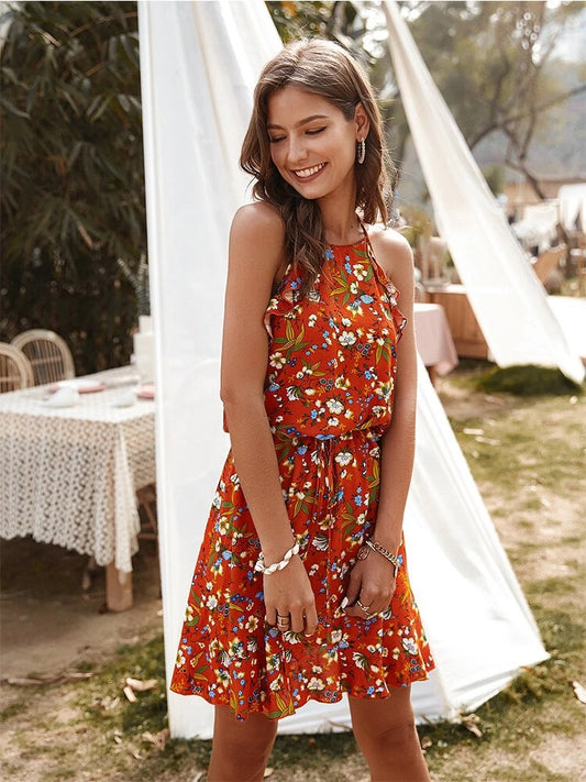 Small Floral Temperament Waist Round Neck Sling Sleeveless Short Dress Women