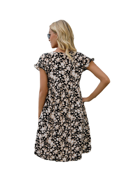 V-Neck Floral Floral Print Short-Sleeved Loose Pocket Dress