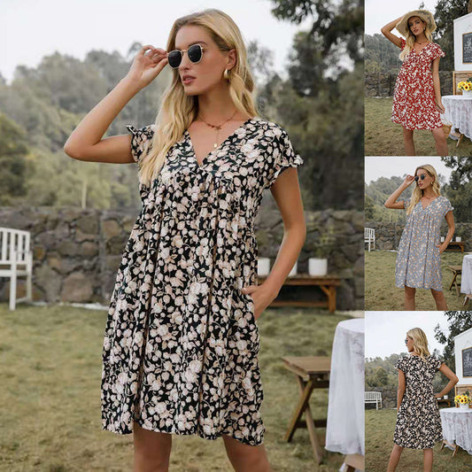 V-Neck Floral Floral Print Short-Sleeved Loose Pocket Dress