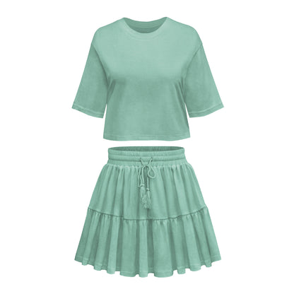 Commuter Suit Short Sleeve Loose Crew Neck Top Casual
