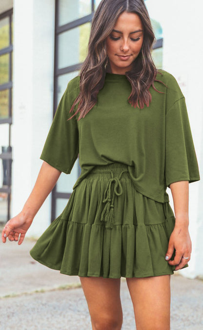 Commuter Suit Short Sleeve Loose Crew Neck Top Casual