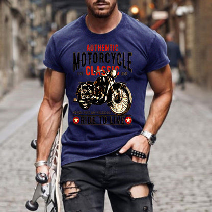 Authentic Motorcycle Printed Slim Round Neck Men's T-shirt