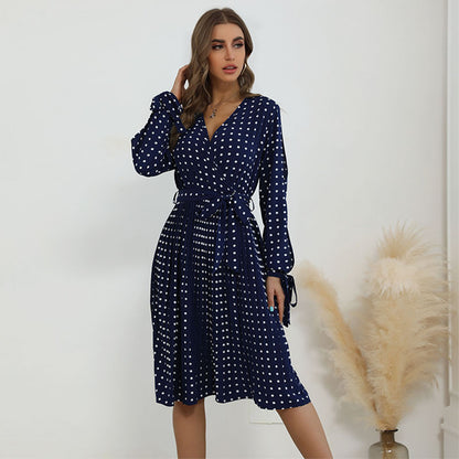 Fashion Blue Polka Dot Dress With Smocked Collar