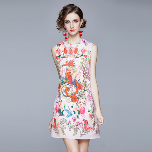 Women's Animal Locator Print Crew Neck Sleeveless Tank Dress