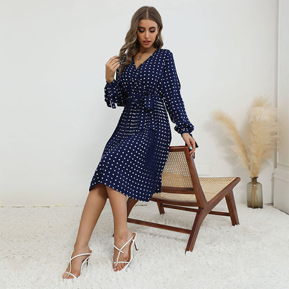 Fashion Blue Polka Dot Dress With Smocked Collar
