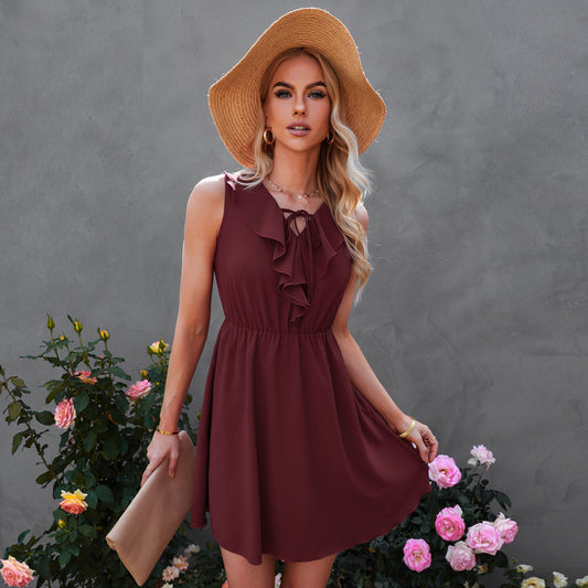 V-neck Sleeveless Ruffle Short Dress